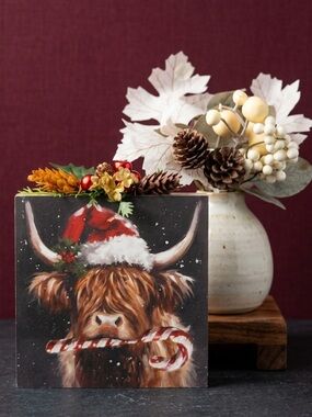 Holiday Highland Cow Decorative Canvas Plaque - Brown